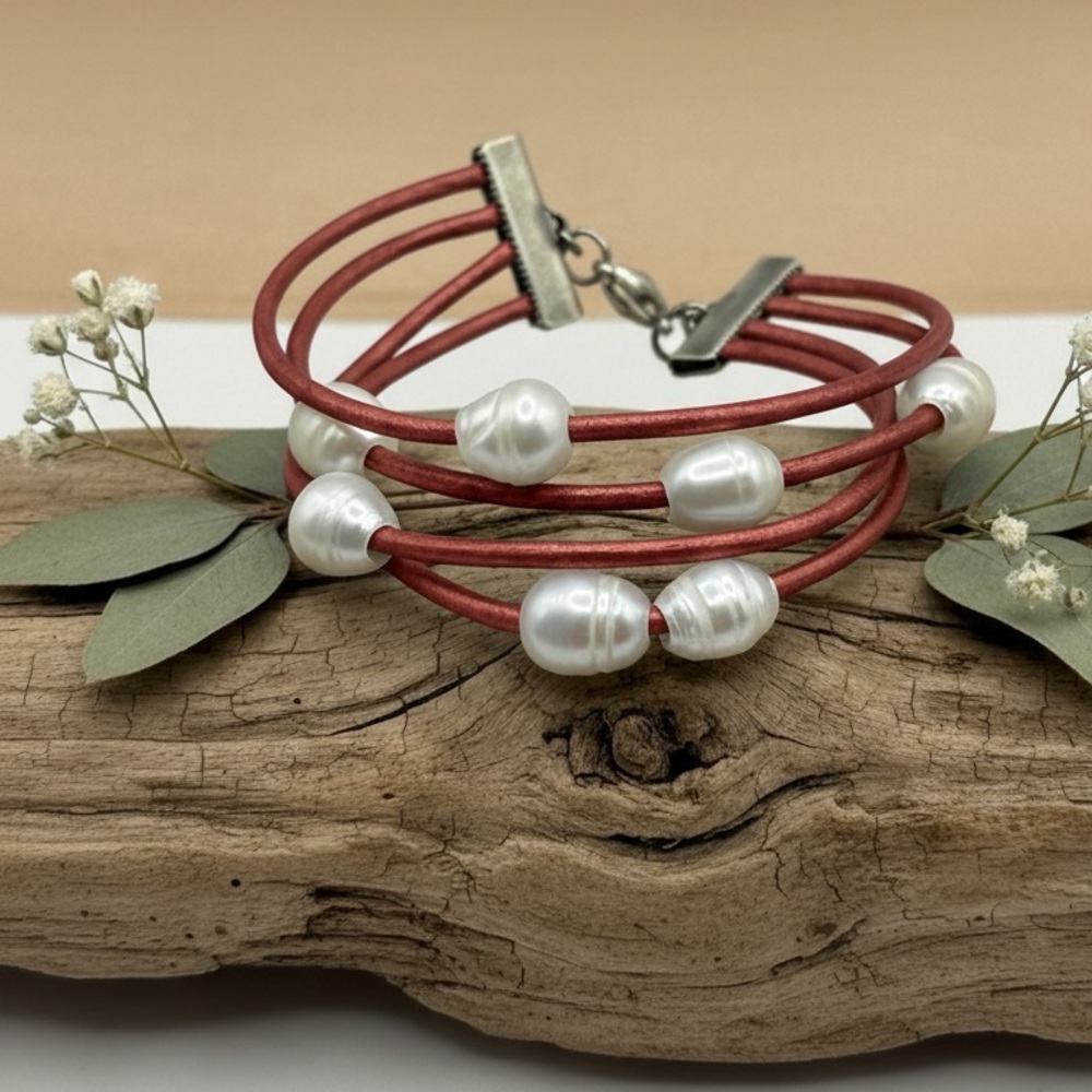 Bracelet Multi Strand Rose Gold  Leather and Pearl